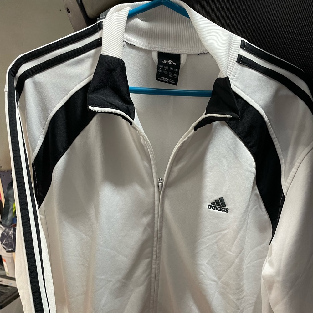 ADIDAS zip up white with black stripes